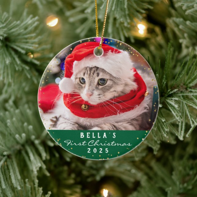 Personalized 2 Photo Pet Cat Meowy Christmas Green Ceramic Ornament (Tree)