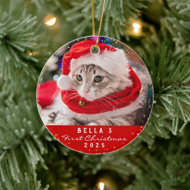 Personalized 2 Photo Pet Cat Meowy Christmas Red Ceramic Ornament (Tree)