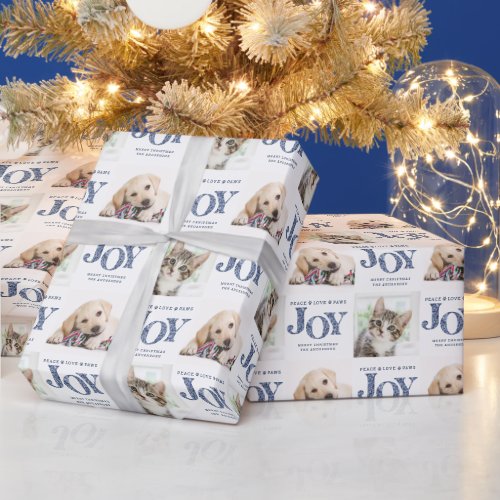 Personalized 2 Photo Pet Dog JOY Blue Holiday Gift Wrapping Paper