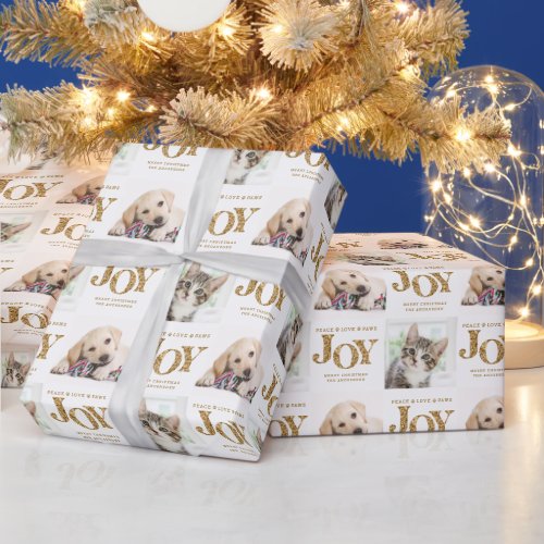 Personalized 2 Photo Pet Dog JOY Gold Holiday Gift Wrapping Paper