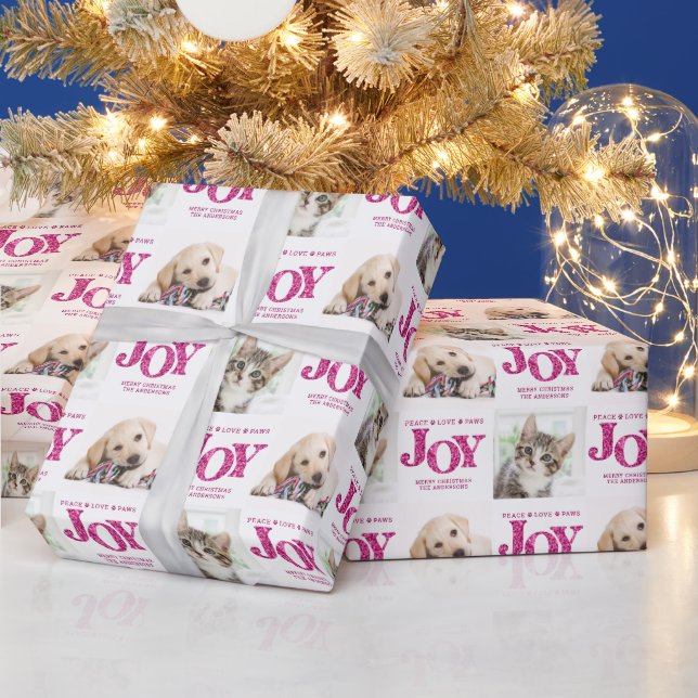 Personalized 2 Photo Pet Dog JOY Pink Holiday Gift Wrapping Paper (Holidays)