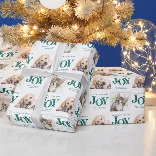 Personalized 2 Photo Pet Dog JOY Teal Holiday Gift Wrapping Paper