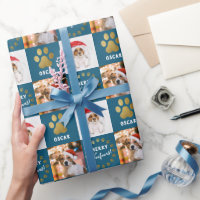 Personalized 2 Photo Pet Dog Puppy Blue Gold Paws