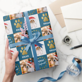 Personalized 2 Photo Pet Dog Puppy Blue Gold Paws Wrapping Paper