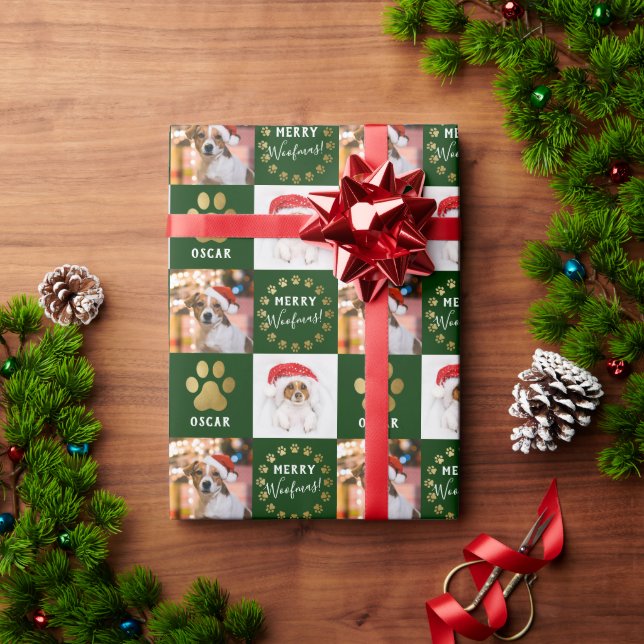 Personalized 2 Photo Pet Dog Puppy Green Gold Paws Wrapping Paper (Holiday Gift)