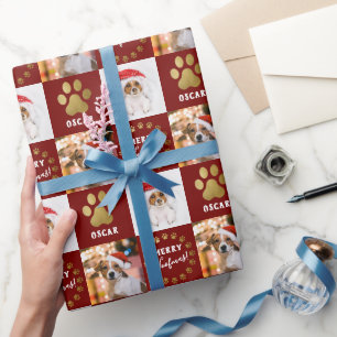 Personalized 2 Photo Pet Dog Puppy Red Gold Paws Wrapping Paper