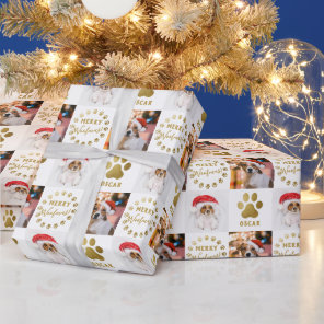 Personalized 2 Photo Pet Dog Puppy White Gold Paws Wrapping Paper