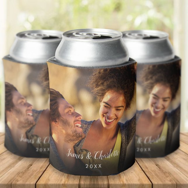 Personalized 2 Photo Script Name Date Can Cooler (Creator Uploaded)