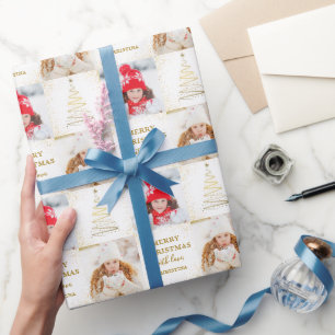 Personalized 2 Photo White Gold Christmas Holiday Wrapping Paper