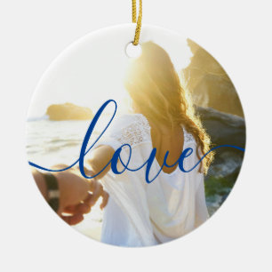 Personalized 2 Photos and Script Text Love Ceramic Ornament