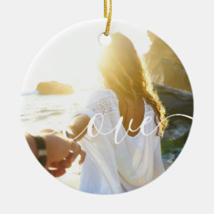 Personalized 2 Photos and Script Text Love Ceramic Ornament