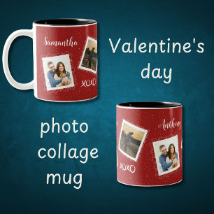 Personalized 2 photos & names on cherry red  Two-Tone coffee mug