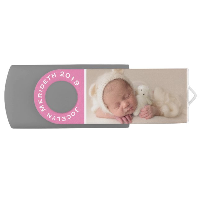 Personalized 2 Sided USB Baby Family Photo Pink Flash Drive (Front)