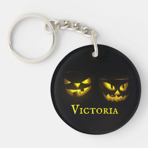 Personalized 2 sided yellow on black pumpkin face keychain
