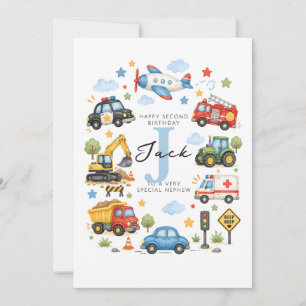 Personalized 2nd Birthday Card for Boy Vehicles