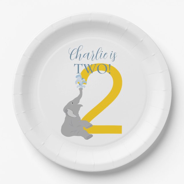 Personalized 2nd Birthday Grey Elephant Plates (Front)