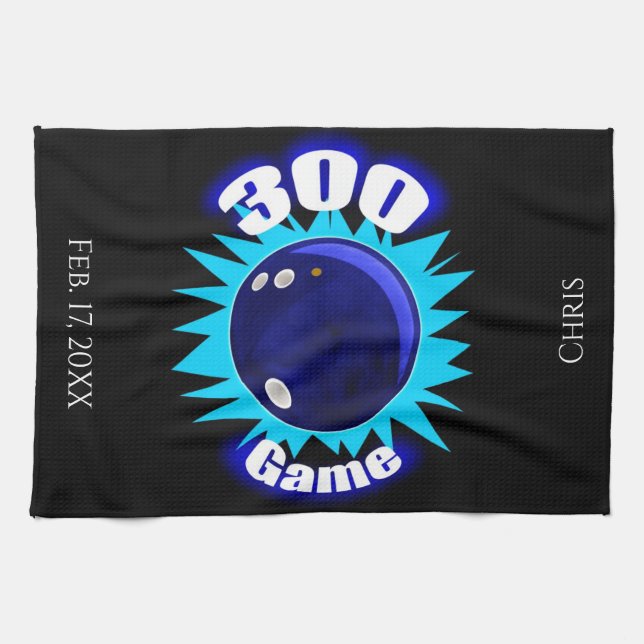 Personalized 300 Game Blues Bowling Towel (Horizontal)