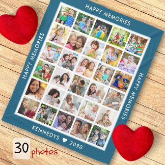 Personalized 30 Photo Collage Family Name Blue Fleece Blanket