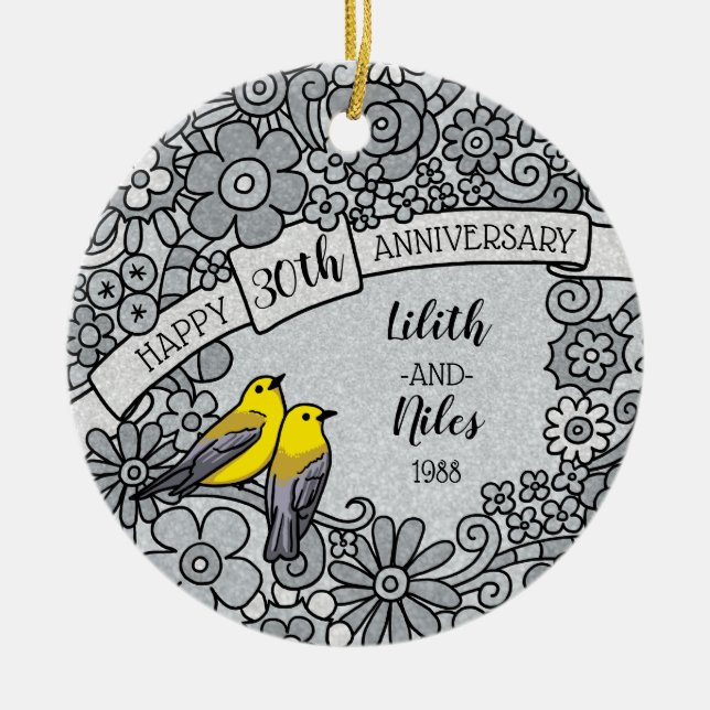 Personalized 30th Anniversary, Floral Birds Ceramic Ornament (Front)