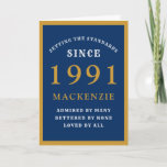 Personalized 30th Birthday 1991 Blue Gold Chic Card<br><div class="desc">30th birthday blue and gold birthday card for those special people born in 1991. Easily customize the text to the front and the interior of this birthday card using the template provided. Part of the setting standards range of greeting cards.</div>
