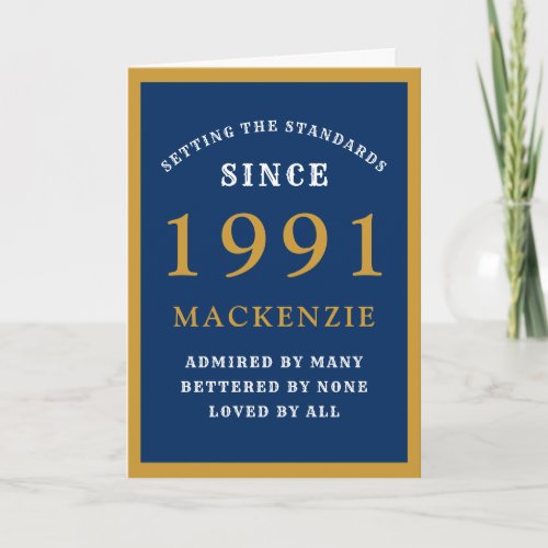 Personalized 30th Birthday 1991 Blue Gold Chic Card