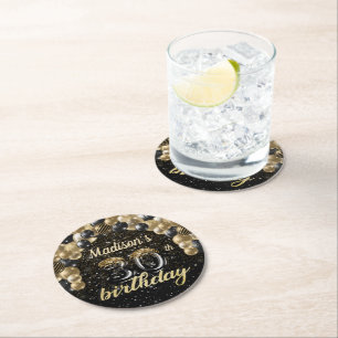 Personalized 30th Birthday Black Gold Round Paper Coaster