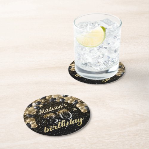 Personalized 30th Birthday Black Gold Round Paper Coaster