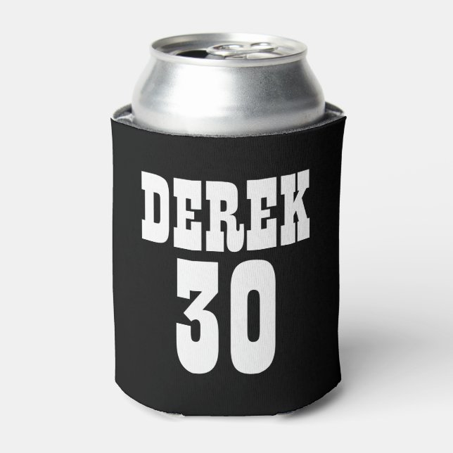 Personalized 30th Birthday Black White Can Cooler (Can Front)