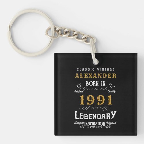 Personalized 30th Birthday Born 1991 Black Vintage Keychain