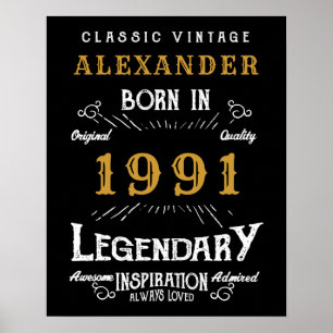 Personalized 30th Birthday Born 1991 Vintage Black Poster