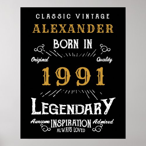 Personalized 30th Birthday Born 1991 Vintage Black Poster