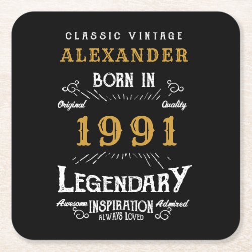 Personalized 30th Birthday Born 1991 Vintage Black Square Paper Coaster