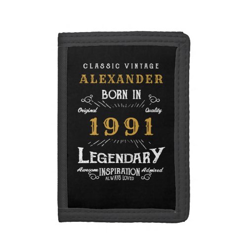 Personalized 30th Birthday Born 1991 Vintage Black Trifold Wallet
