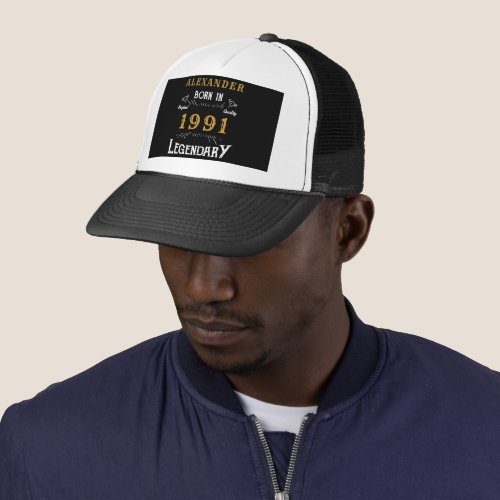 Personalized 30th Birthday Born 1991 Vintage Black Trucker Hat