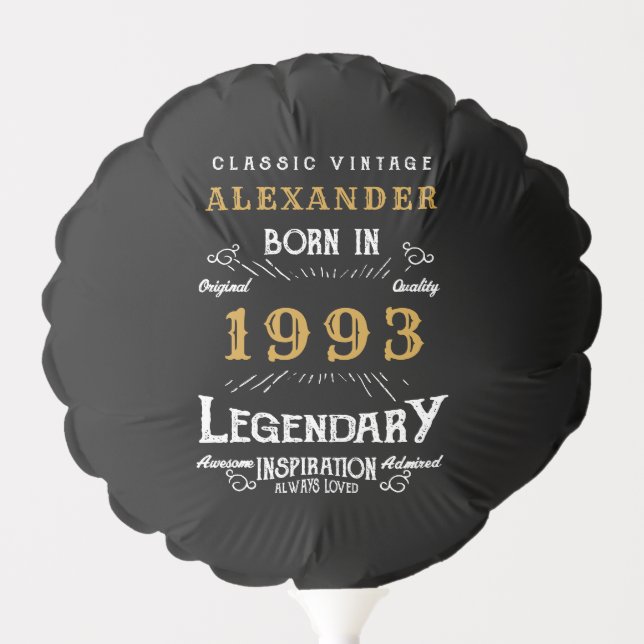 Personalized 30th Birthday Born 1993 Vintage Black Balloon (Front)