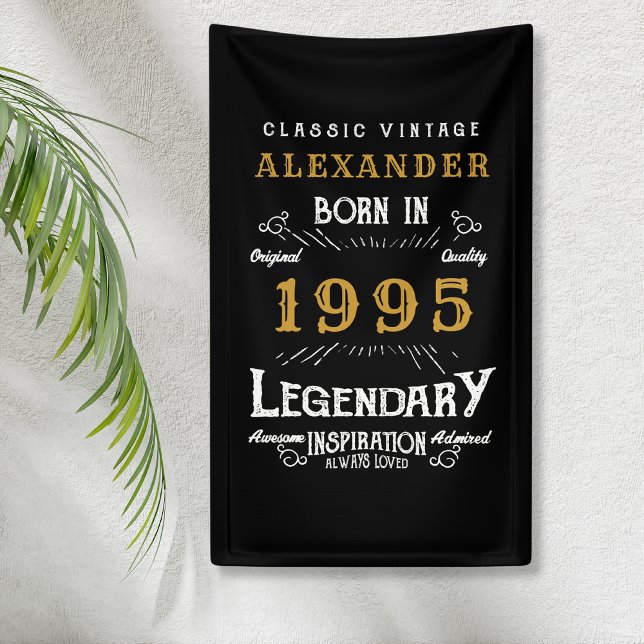 Personalized 30th Birthday Born 1995 Vintage Black Banner (Personalized 30th Birthday party banner hanging on wall)
