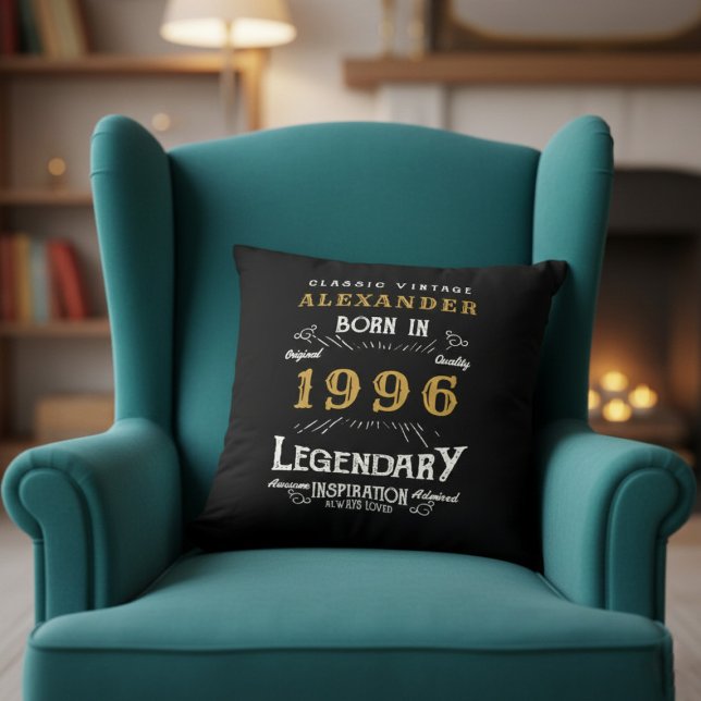 Personalized 30th Birthday Born 1996 Legend Black Throw Pillow (Born 1996 throw pillow on a green chair.)