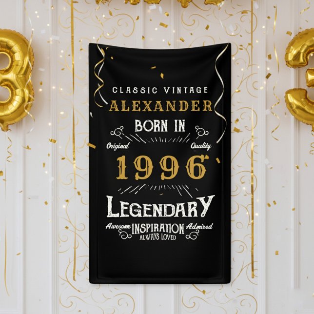 Personalized 30th Birthday Born 1996 Retro Party Banner (1996 Wall banner on a white wall.)
