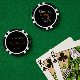 Personalized 30th Birthday Cheers Beers Black Gold Poker Chips