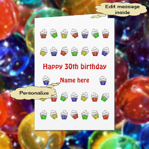 Personalized 30th birthday colorful cupcakes card
