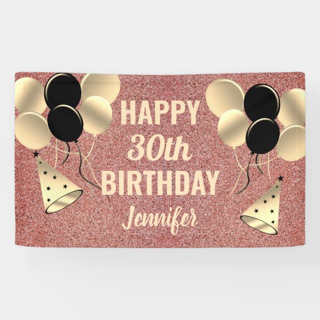 Personalized 30th Birthday Rose Gold Glitter Chic Banner (Horizontal)