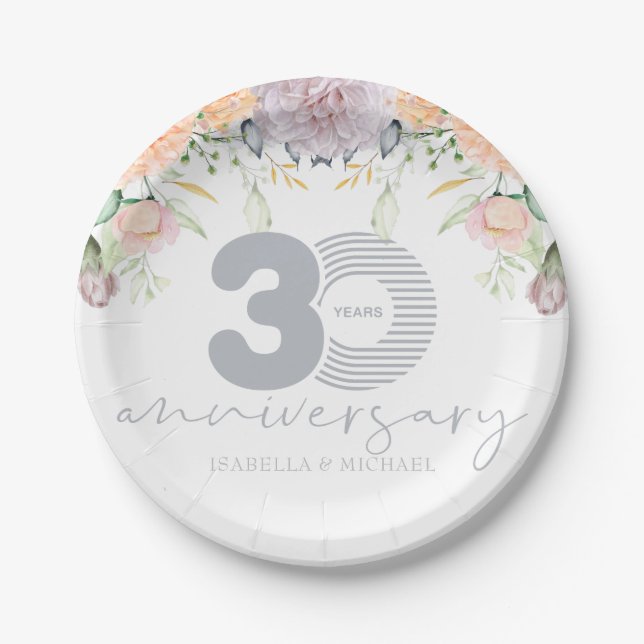 Personalized 30th Wedding Anniversary Floral Paper Plates (Front)