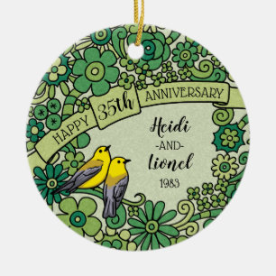 Personalized 35th Anniversary, Jade Floral Birds Ceramic Ornament