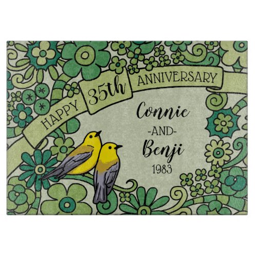 Personalized 35th Anniversary Jade Floral Birds Cutting Board