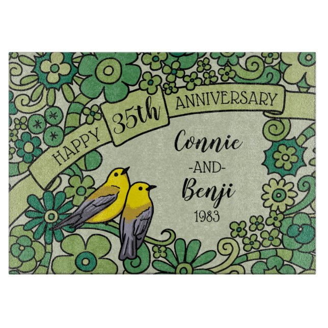 Personalized 35th Anniversary, Jade Floral Birds Cutting Board (Front)