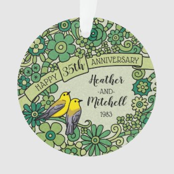 Personalized 35th Anniversary  Jade Floral Birds Ornament by DuchessOfWeedlawn at Zazzle