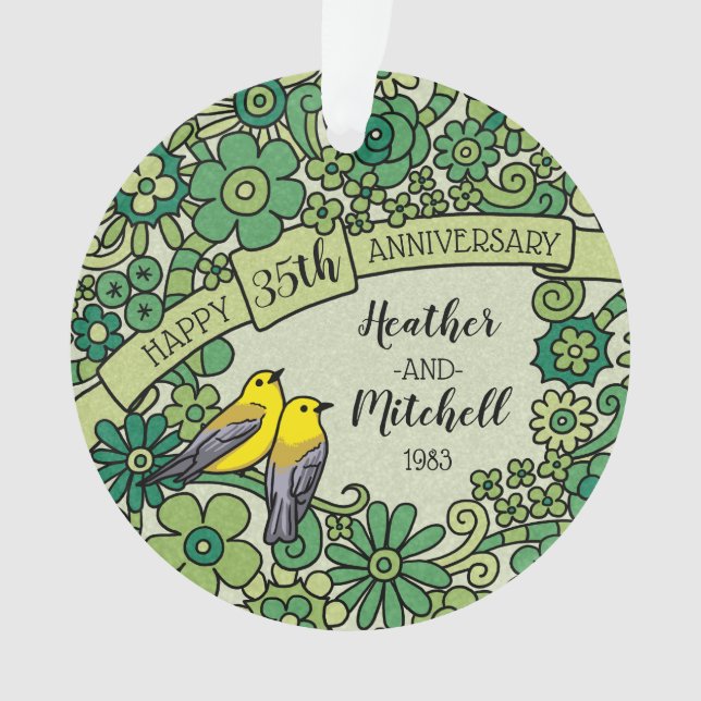 Personalized 35th Anniversary, Jade Floral Birds Ornament (Front)