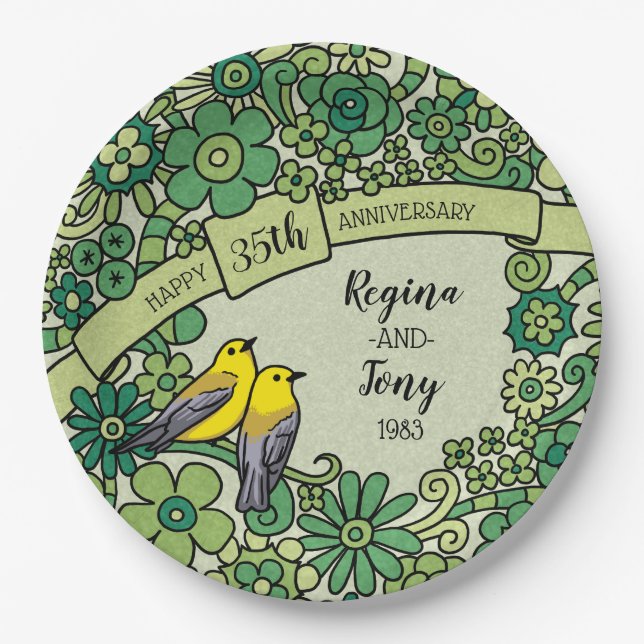 Personalized 35th Anniversary, Jade Floral Birds Paper Plates (Front)