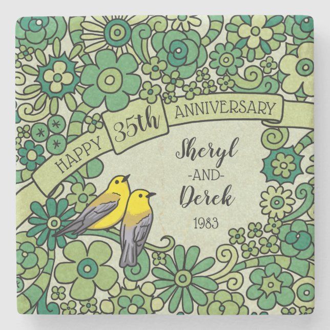 Personalized 35th Anniversary, Jade Floral Birds Stone Coaster (Front)