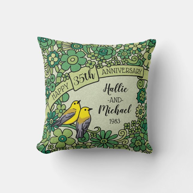Personalized 35th Anniversary, Jade Floral Birds Throw Pillow (Front)